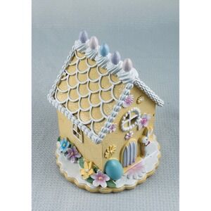 Easter Gingerbread House Light Up Figurine Pastel Yellow Bunny Eggs Decor